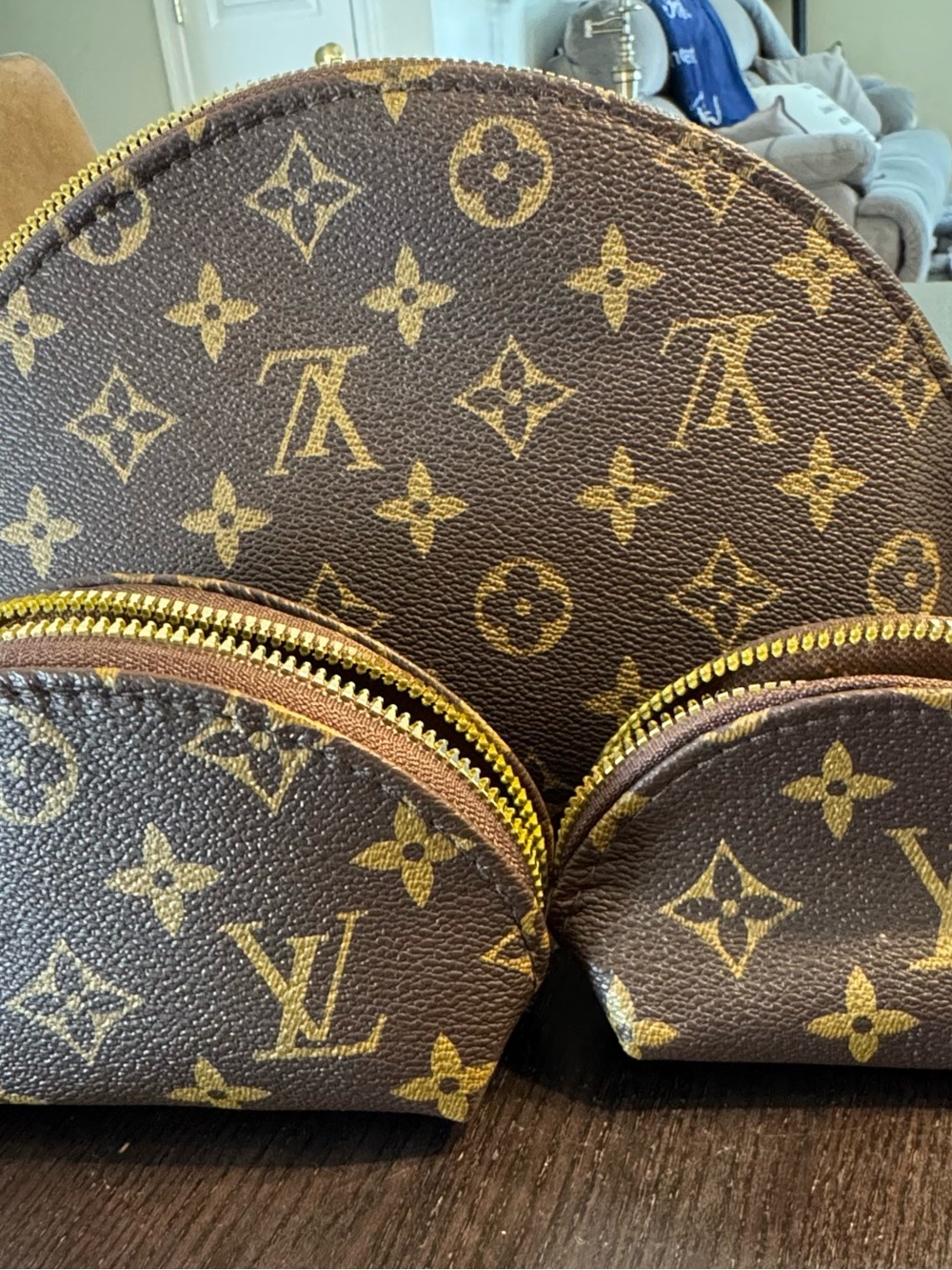 Brown Monogram Cosmetic Pouch Set with Gold Zippers